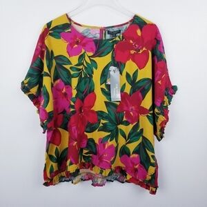 Linen Blend Floral Ruffle Top by For Cynthia NWT 2X